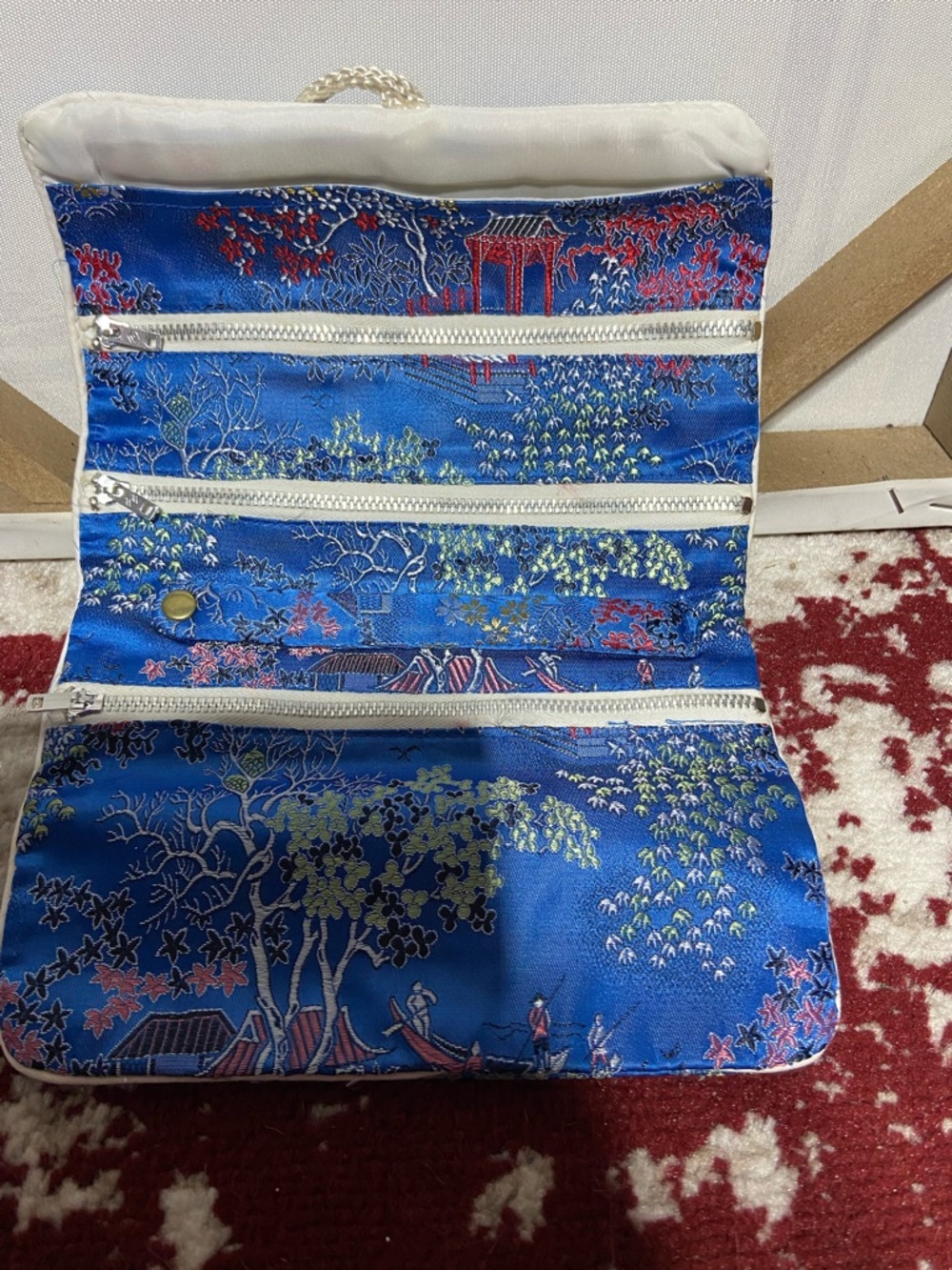 Blue Embroidered Asian Brocade Rolled Jewelry Pouch - Picture 3 of 9